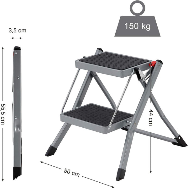 2-Step Folding Ladder with Handle (150kg, Non-Slip) - Karrari