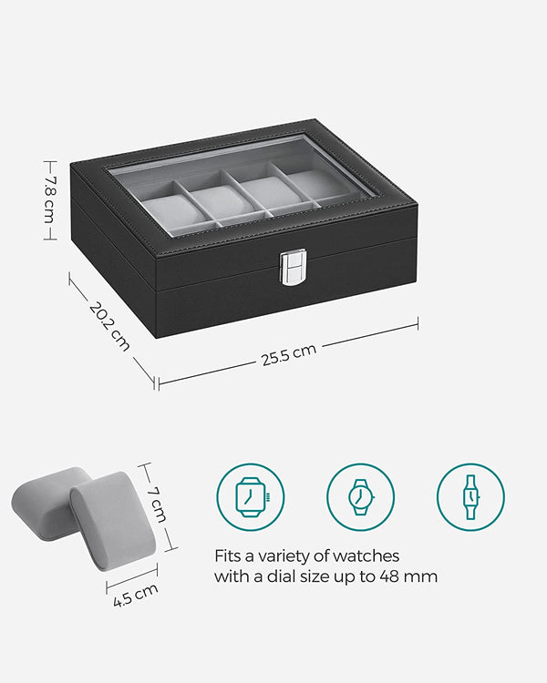 10-Slot Watch Box with Glass Lid & Removable Cushions - Karrari