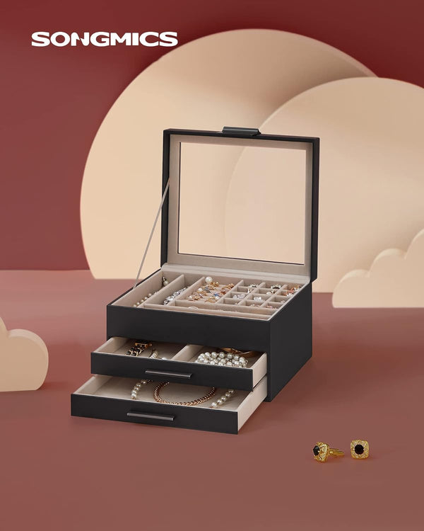 3-Layer Jewellery Box with Glass Lid & 2 Drawers - Karrari