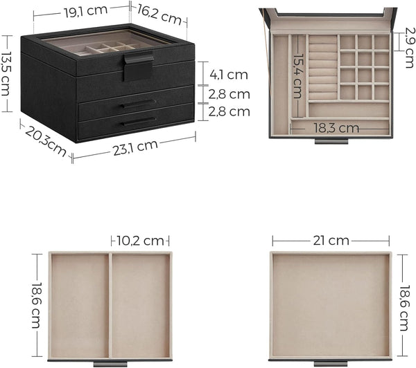 3-Layer Jewellery Box with Glass Lid & 2 Drawers - Karrari