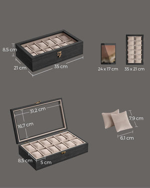 12-Slot Watch Box with Glass Lid & Velvet Lining - Karrari