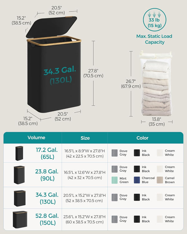 130L 2-Section Laundry Basket - Lid & Bamboo Handles - Karrari