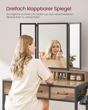 Dressing Table - Tri-Fold Mirror, 3 Drawers & Stool - Karrari