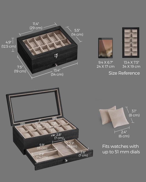 12-Slot 2-Tier Wooden Watch Box - Glass Lid - Karrari
