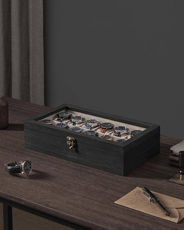 12-Slot Watch Box with Glass Lid & Velvet Lining - Karrari