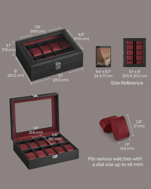 10-Slot Watch Box with Glass Lid & Removable Cushions - Karrari