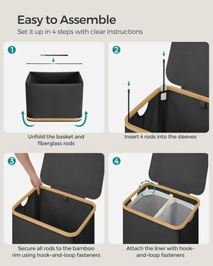 130L 2-Section Laundry Basket - Lid & Bamboo Handles - Karrari