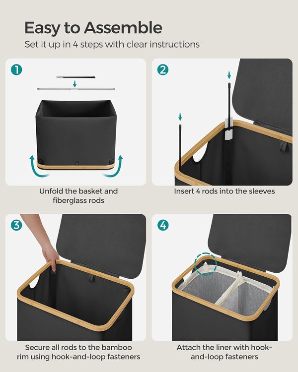 130L 2-Section Laundry Basket - Lid & Bamboo Handles - Karrari