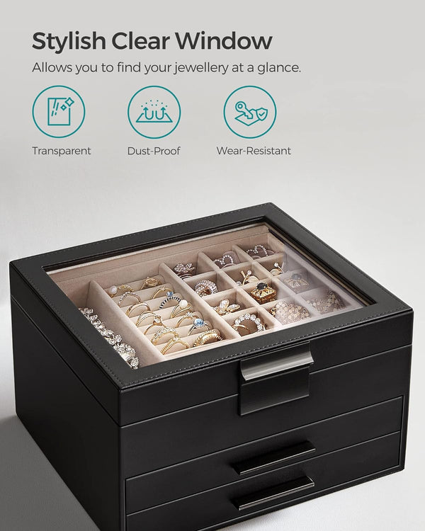 3-Layer Jewellery Box with Glass Lid & 2 Drawers - Karrari