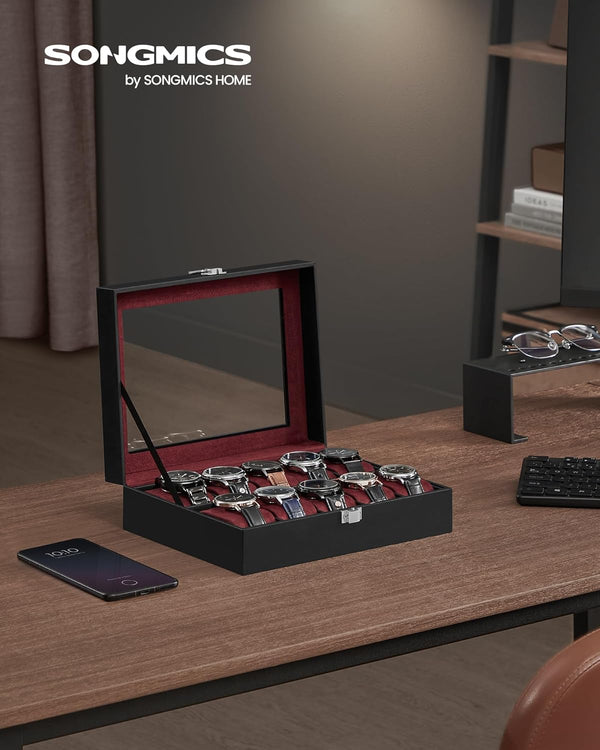 10-Slot Watch Box with Glass Lid & Removable Cushions - Karrari