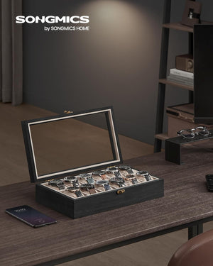 12-Slot Watch Box with Glass Lid & Velvet Lining - Karrari