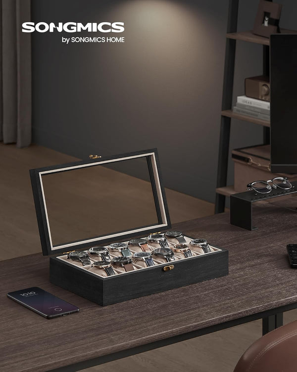 12-Slot Watch Box with Glass Lid & Velvet Lining - Karrari