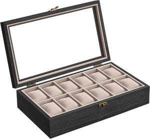 12-Slot Watch Box with Glass Lid & Velvet Lining - Karrari