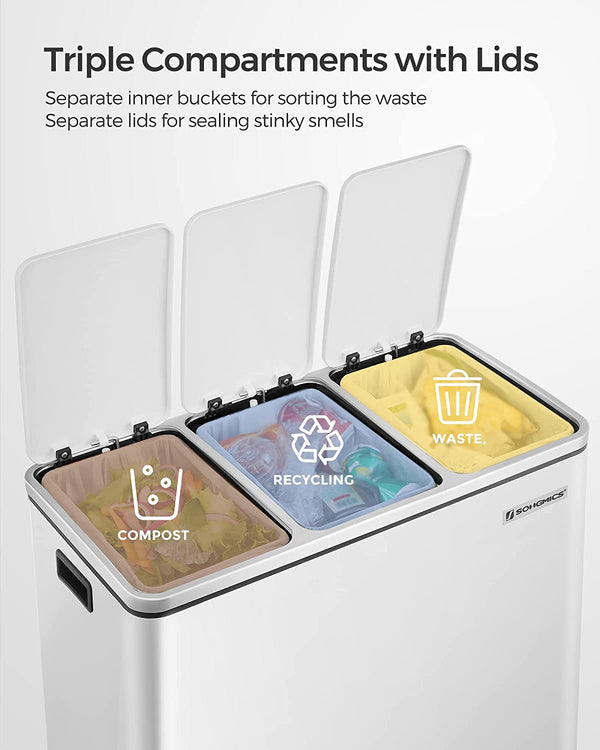 Triple Kitchen Recycling Bin 3×18L (White, Soft-Close) - Karrari