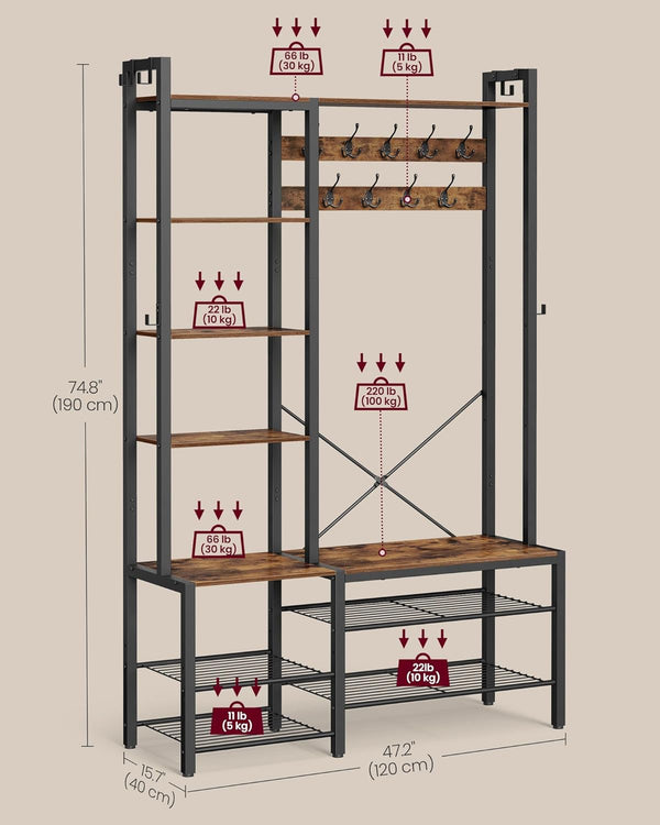 Hall Tree with Bench, Shoe Storage & Hooks - Karrari