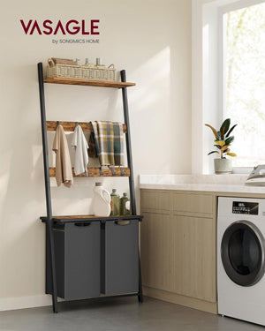 2-Section Laundry Hamper - Ladder, Shelves & Hooks - Karrari