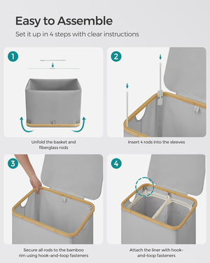 130L 2-Section Laundry Hamper - Lid & Bamboo Handles - Karrari