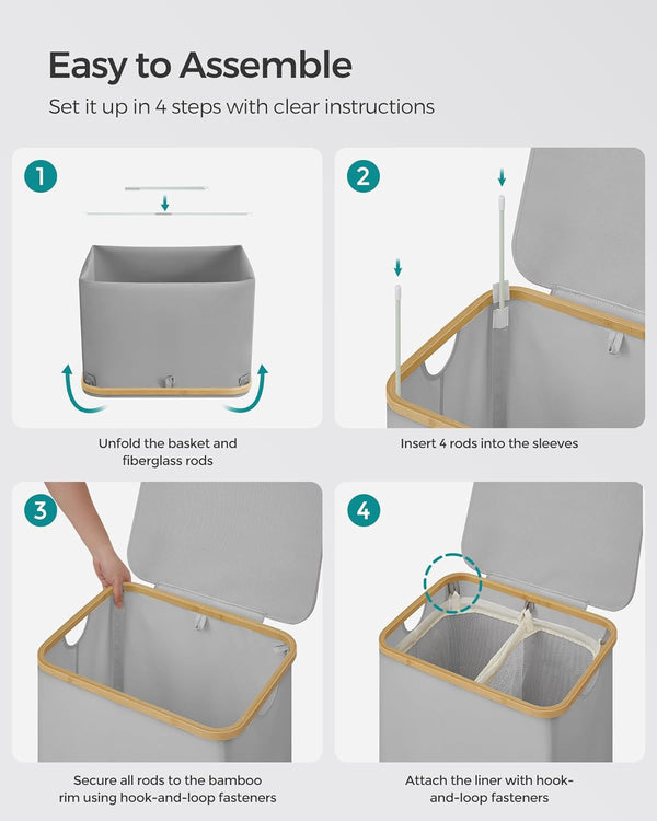 130L 2-Section Laundry Hamper - Lid & Bamboo Handles - Karrari