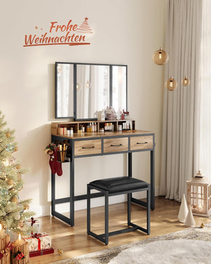 Dressing Table - Tri-Fold Mirror, 3 Drawers & Stool - Karrari