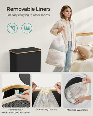 130L 2-Section Laundry Basket - Lid & Bamboo Handles - Karrari