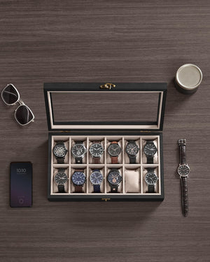12-Slot Watch Box with Glass Lid & Velvet Lining - Karrari