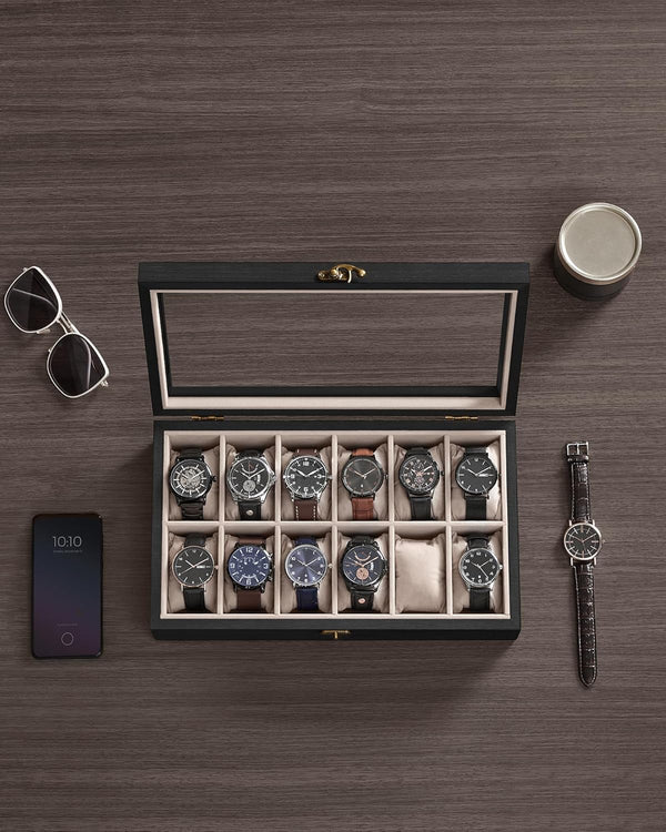 12-Slot Watch Box with Glass Lid & Velvet Lining - Karrari