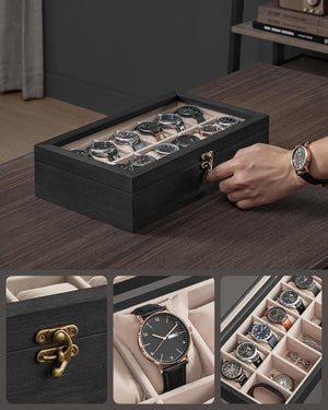 12-Slot Watch Box with Glass Lid & Velvet Lining - Karrari