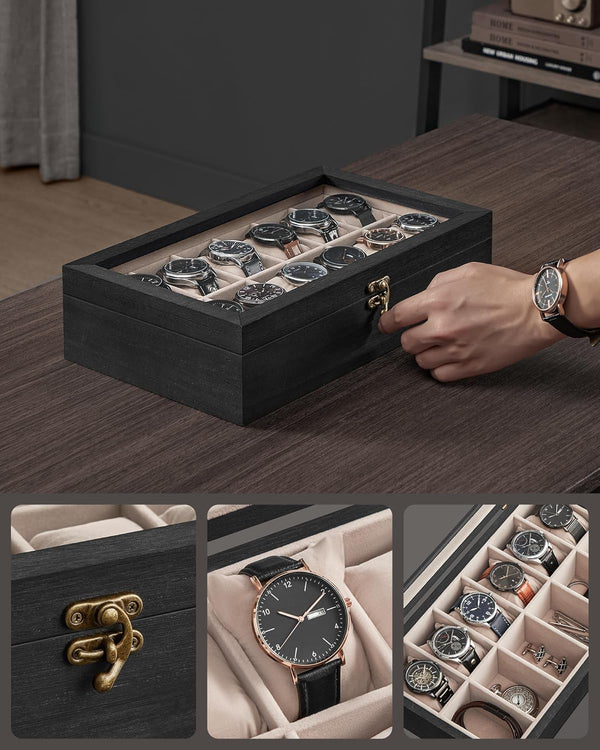 12-Slot Watch Box with Glass Lid & Velvet Lining - Karrari