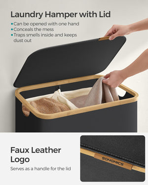 130L 2-Section Laundry Basket - Lid & Bamboo Handles - Karrari