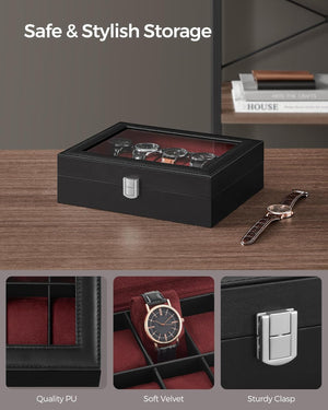 10-Slot Watch Box with Glass Lid & Removable Cushions - Karrari