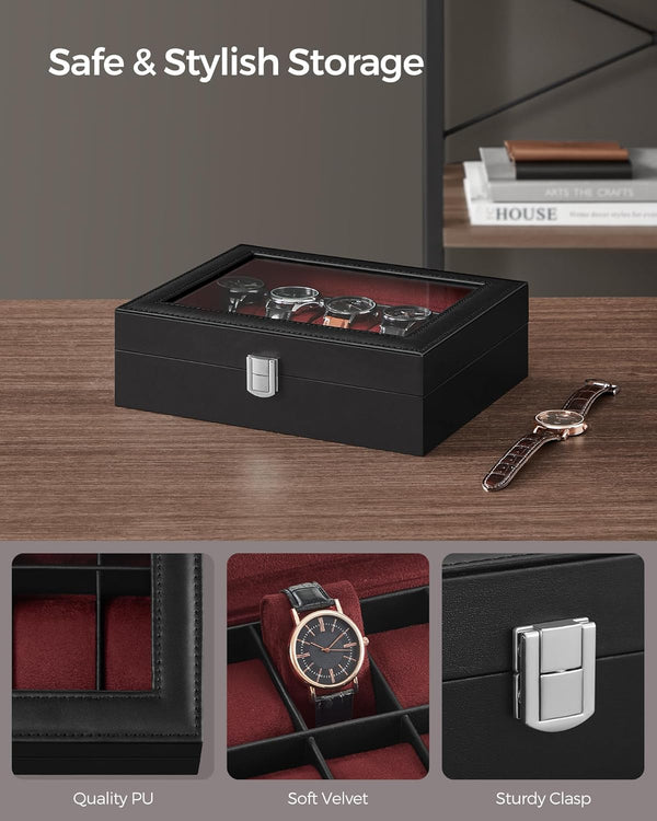 10-Slot Watch Box with Glass Lid & Removable Cushions - Karrari