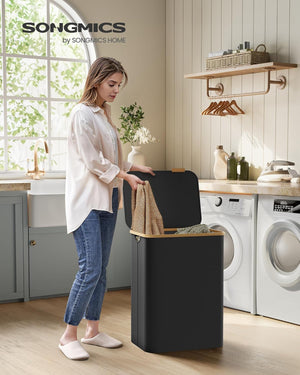 130L 2-Section Laundry Basket - Lid & Bamboo Handles - Karrari