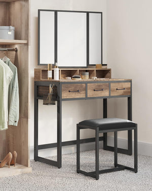Dressing Table - Tri-Fold Mirror, 3 Drawers & Stool - Karrari