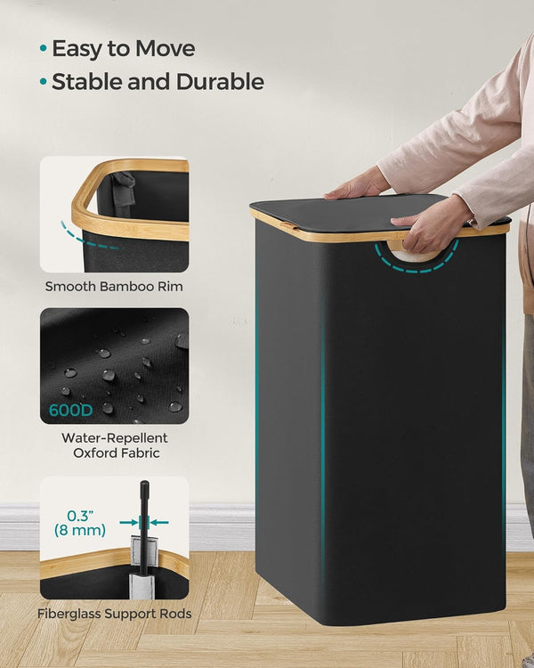 130L 2-Section Laundry Basket - Lid & Bamboo Handles - Karrari