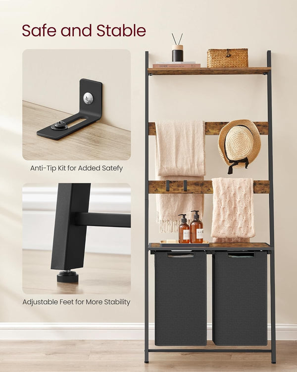 2-Section Laundry Hamper - Ladder, Shelves & Hooks - Karrari