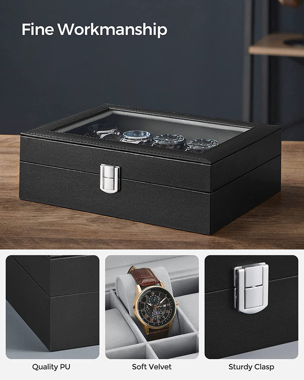 10-Slot Watch Box with Glass Lid & Removable Cushions - Karrari