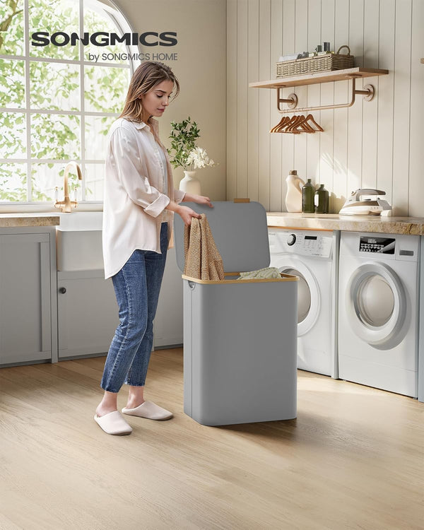 130L 2-Section Laundry Hamper - Lid & Bamboo Handles - Karrari