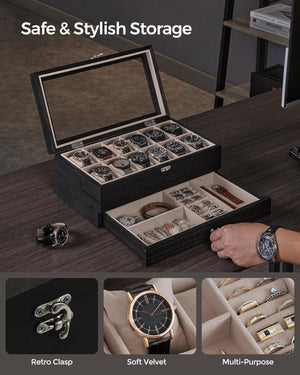 12-Slot 2-Tier Wooden Watch Box - Glass Lid - Karrari