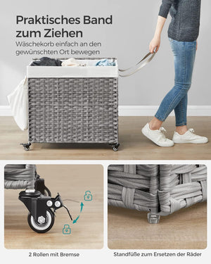 160L 3-Compartment Laundry Hamper - Lid & Wheels - Karrari