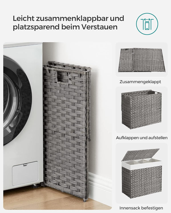 160L 3-Compartment Laundry Hamper - Lid & Wheels - Karrari