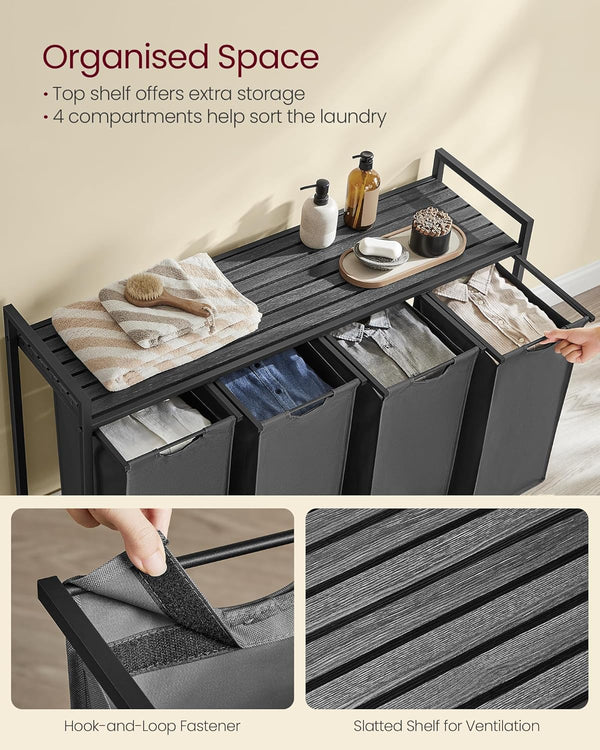 Laundry Hamper - 4 Sections, Shelf & Removable Bags - Karrari