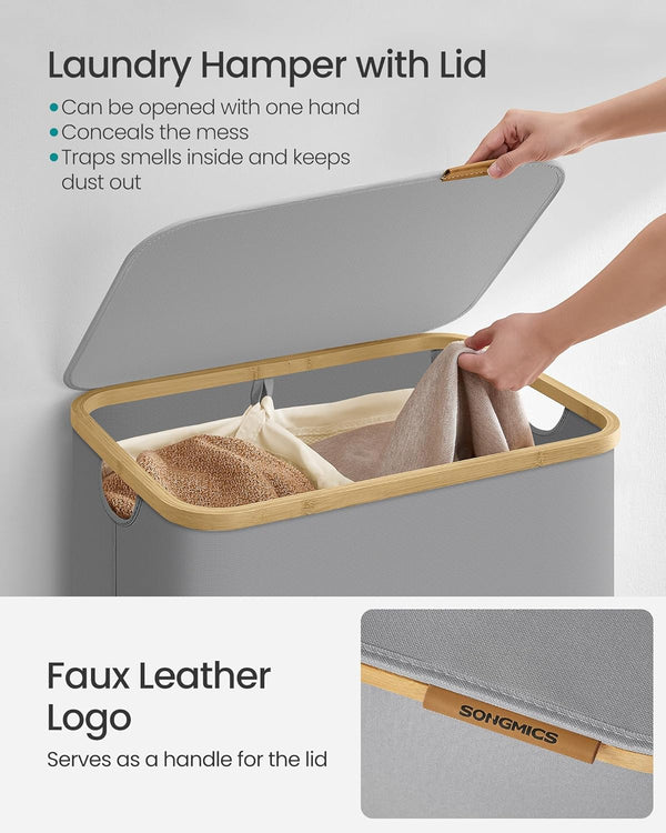 130L 2-Section Laundry Hamper - Lid & Bamboo Handles - Karrari