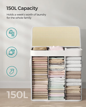 150L 3-Section Foldable Laundry Hamper - Lid & Handles - Karrari