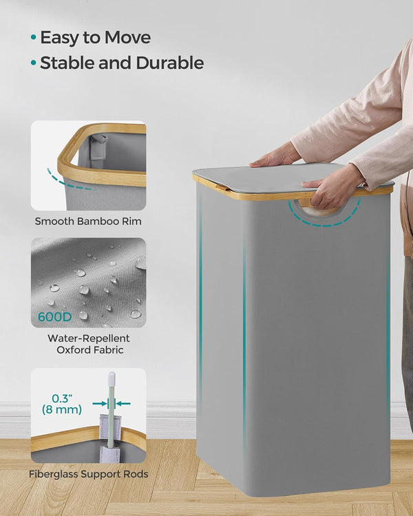 130L 2-Section Laundry Hamper - Lid & Bamboo Handles - Karrari