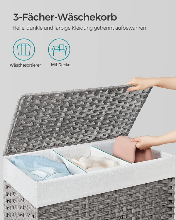 160L 3-Compartment Laundry Hamper - Lid & Wheels - Karrari