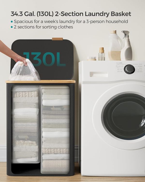 130L 2-Section Laundry Basket - Lid & Bamboo Handles - Karrari