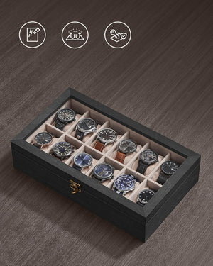 12-Slot Watch Box with Glass Lid & Velvet Lining - Karrari