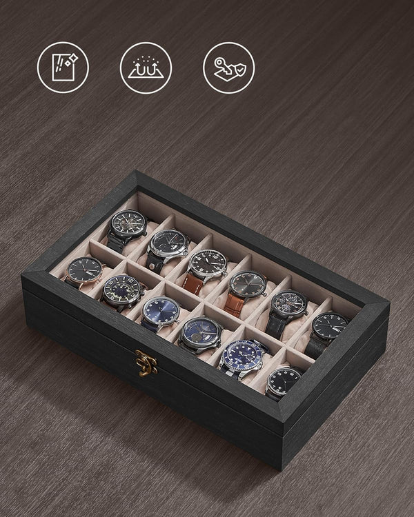 12-Slot Watch Box with Glass Lid & Velvet Lining - Karrari