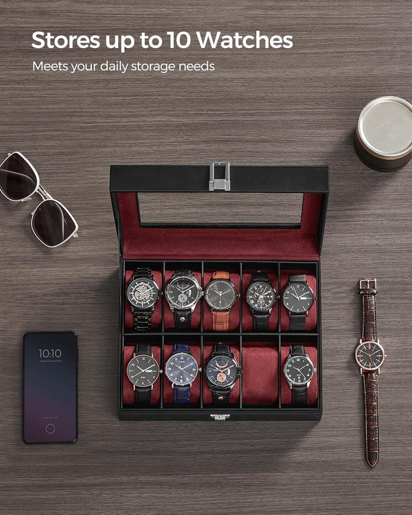 10-Slot Watch Box with Glass Lid & Removable Cushions - Karrari