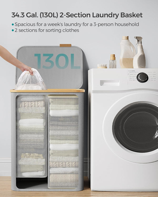 130L 2-Section Laundry Hamper - Lid & Bamboo Handles - Karrari